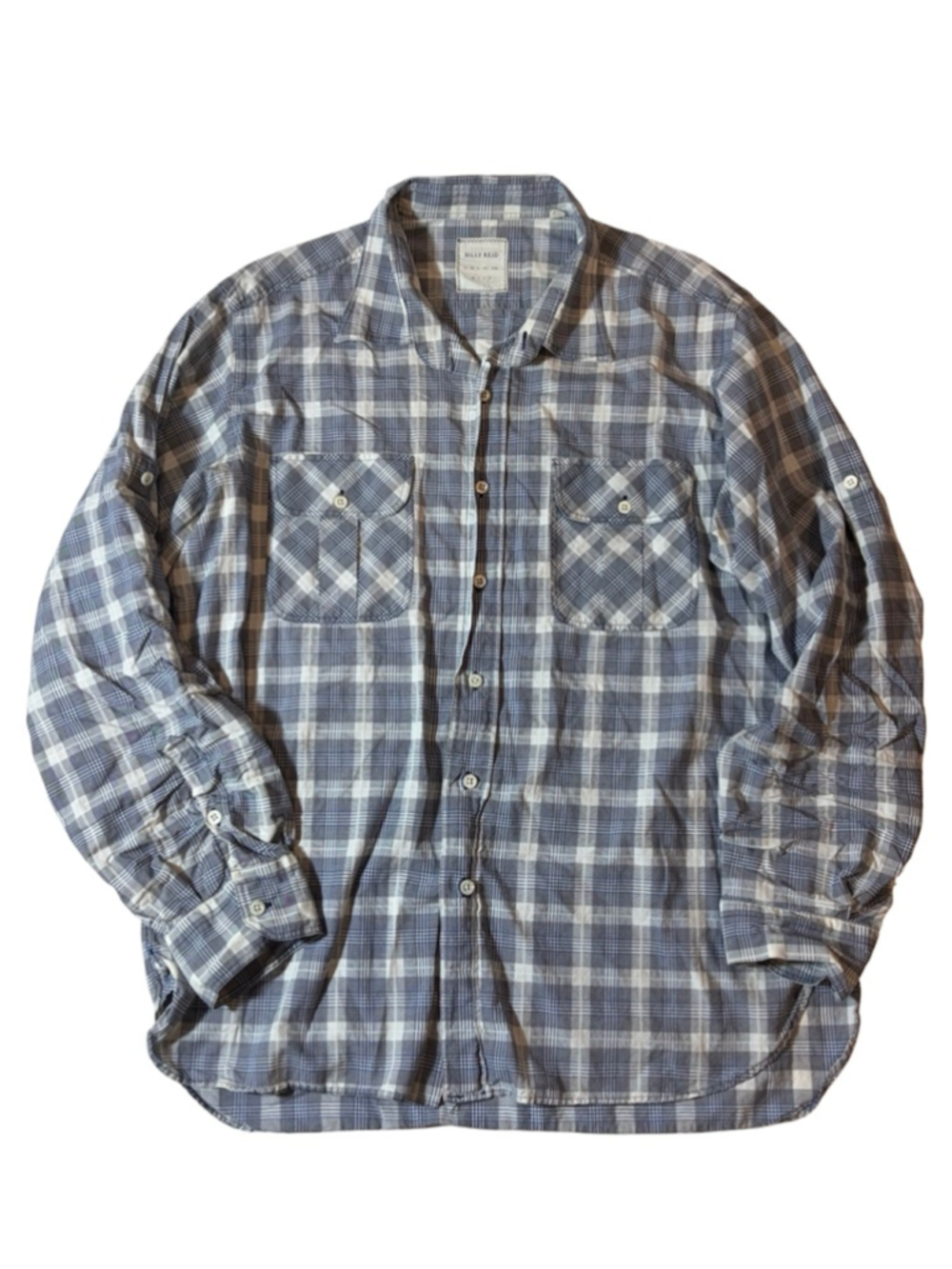 Billy Reid Blue White Plaid Button Up Shirt Double Pocket Cotton Mens XL